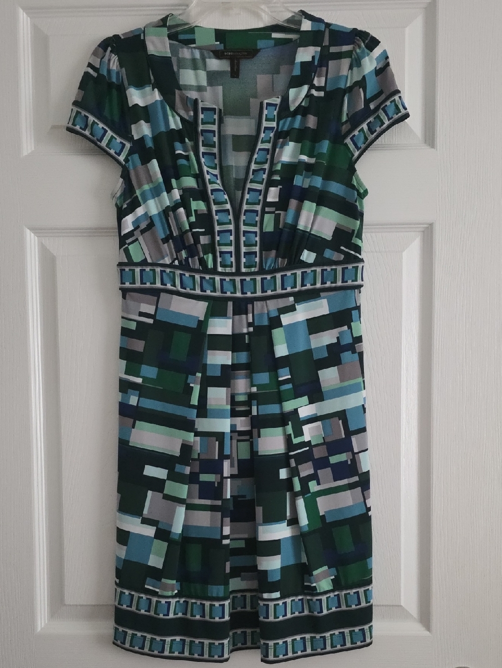 BCBGMaxAzria Geometric Mini Dress in Blue and Green